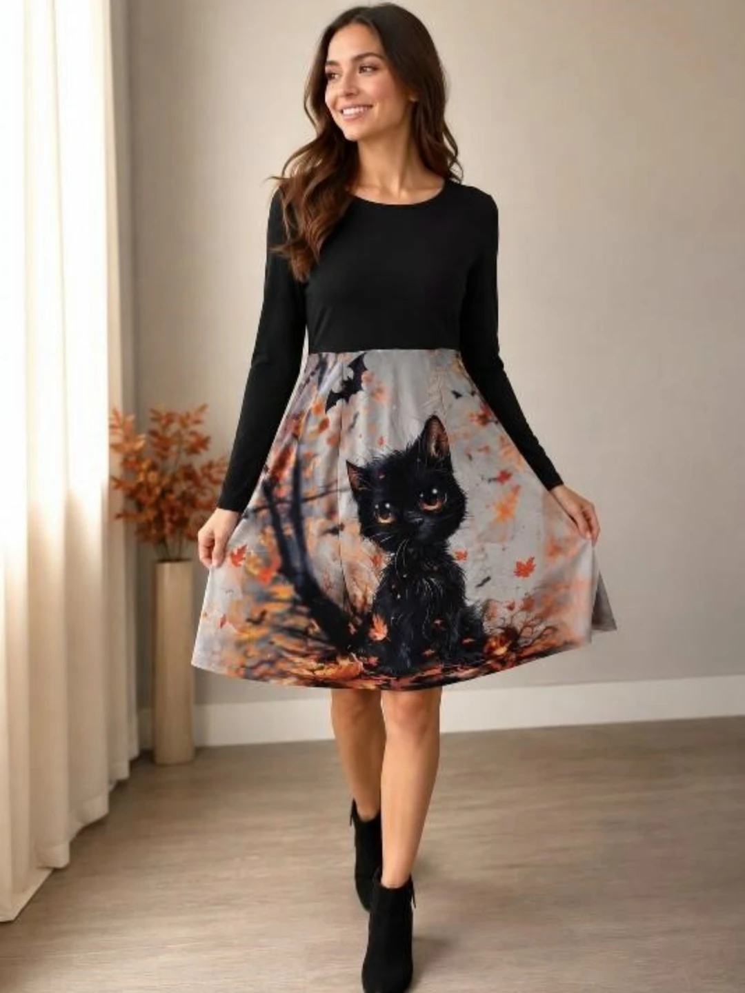 Halloween Black Cat Print Long Sleeve Dress