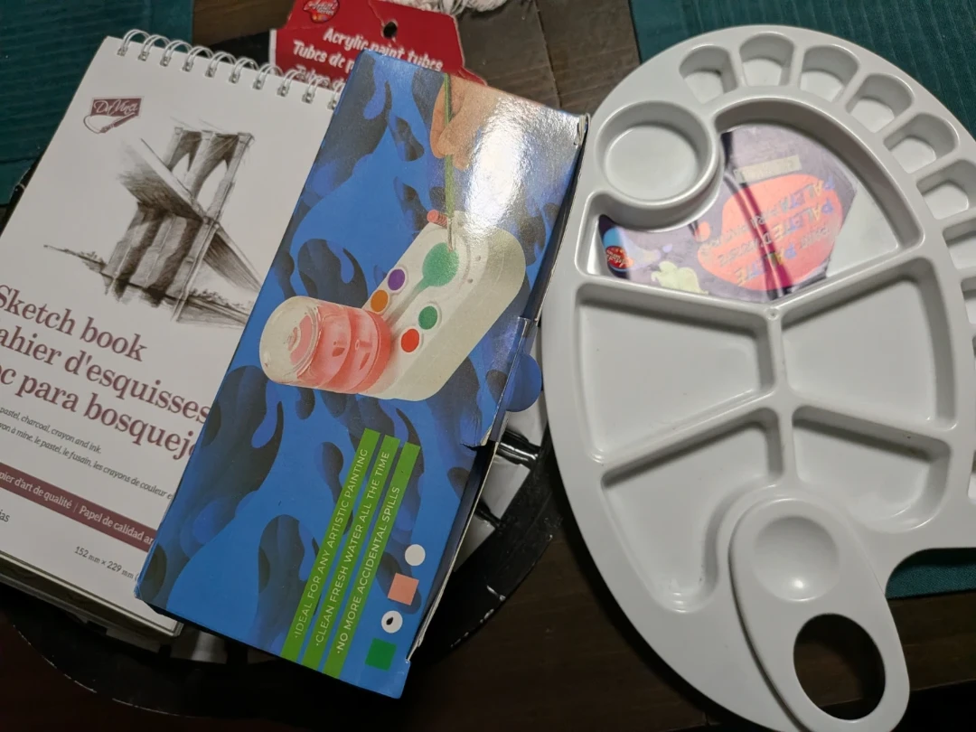 5 Art Set: Acrylics, Watercolor, Palette, Brush Rinser,  Book.