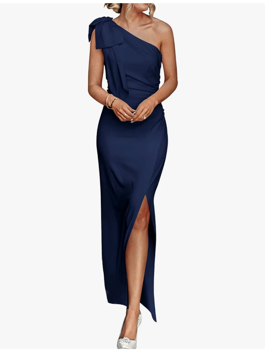 Navy One-Shoulder Bow Ruched Maxi Dress