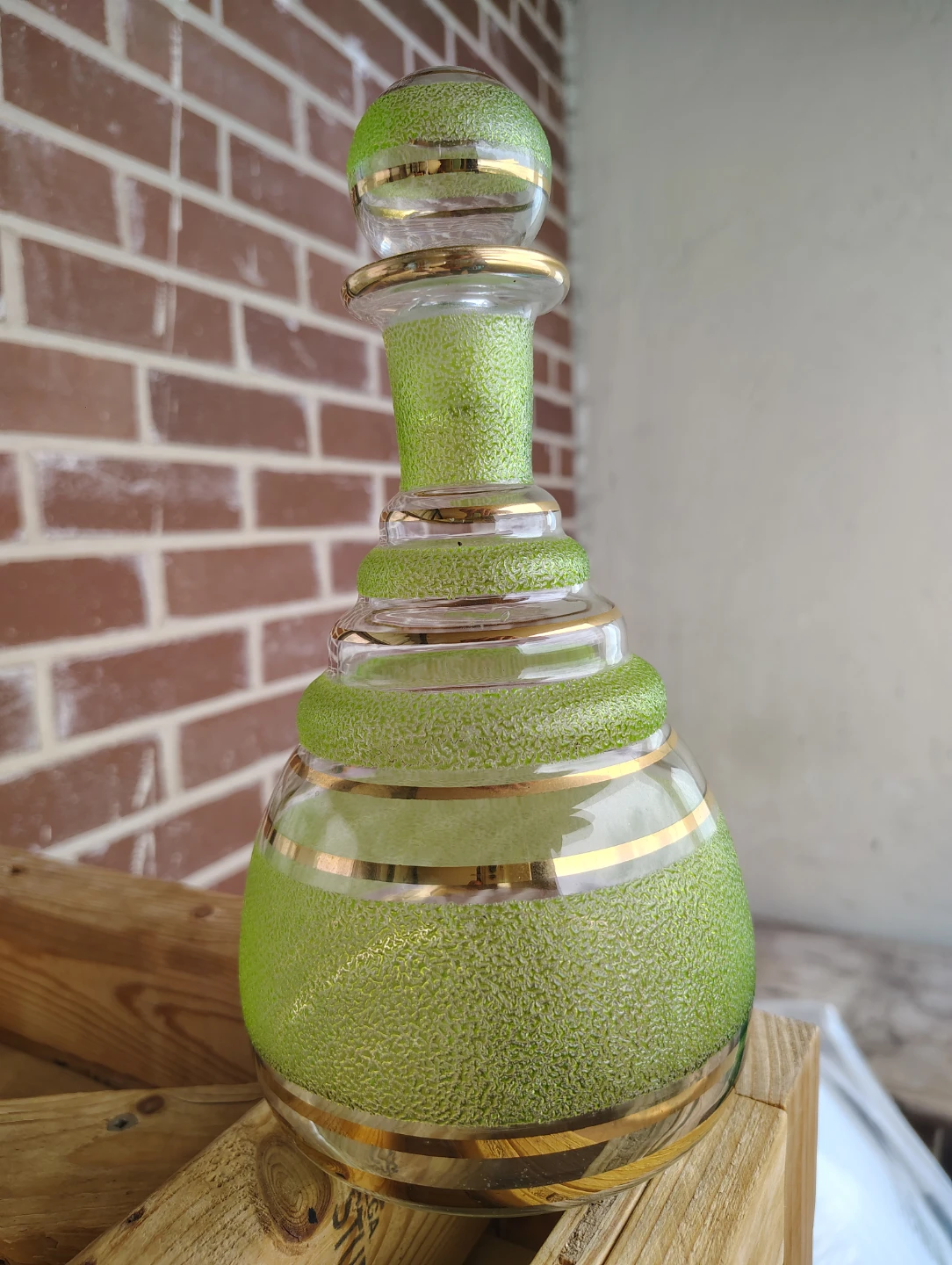 Vintage Lime Green and Gold Glass Decanter