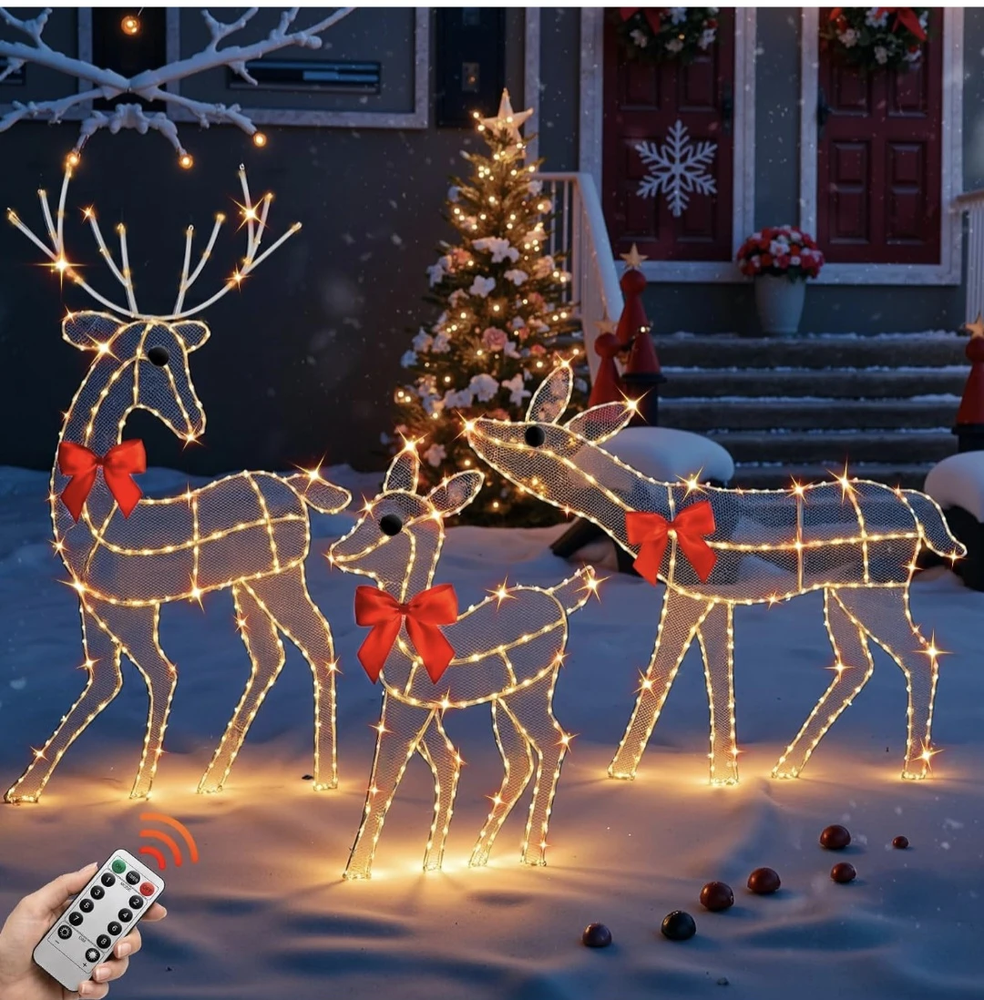 Set of 3 Pre-Lit Christmas Reindeer Yard Decorations
