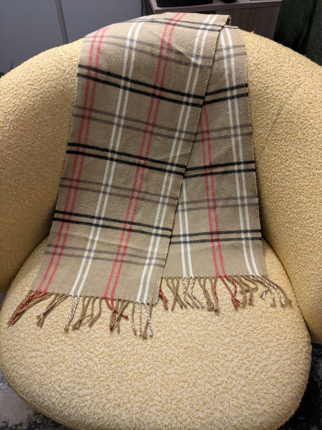 Cejon Tan Plaid Fringe Scarf Made in Italy 53 x 11