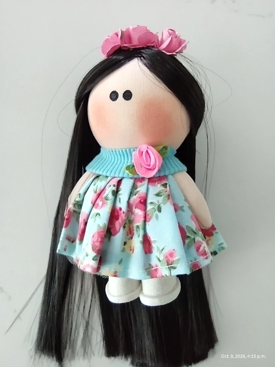 Handcrafted mini cloth doll with floral dress - photo 4