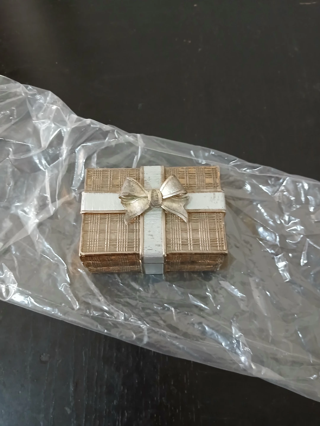Vintage Gold Tone Metal Gift Box Trinket Holder