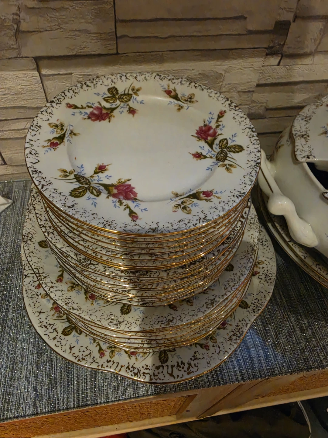 Vintage Floral Dinnerware Set with Gold Trim