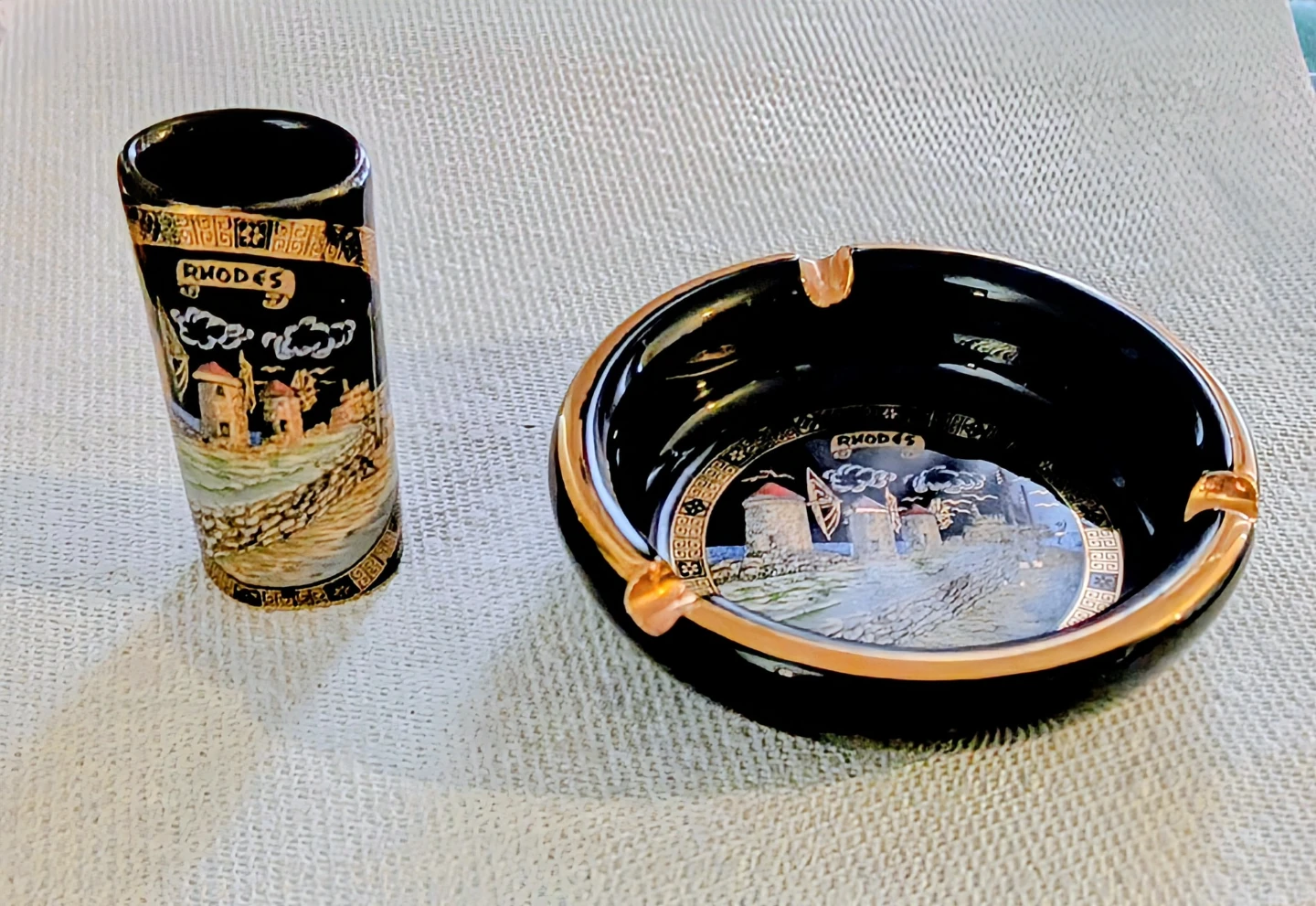 Vintage Rhodes Greece 24K Gold Ceramic Ashtray Set
