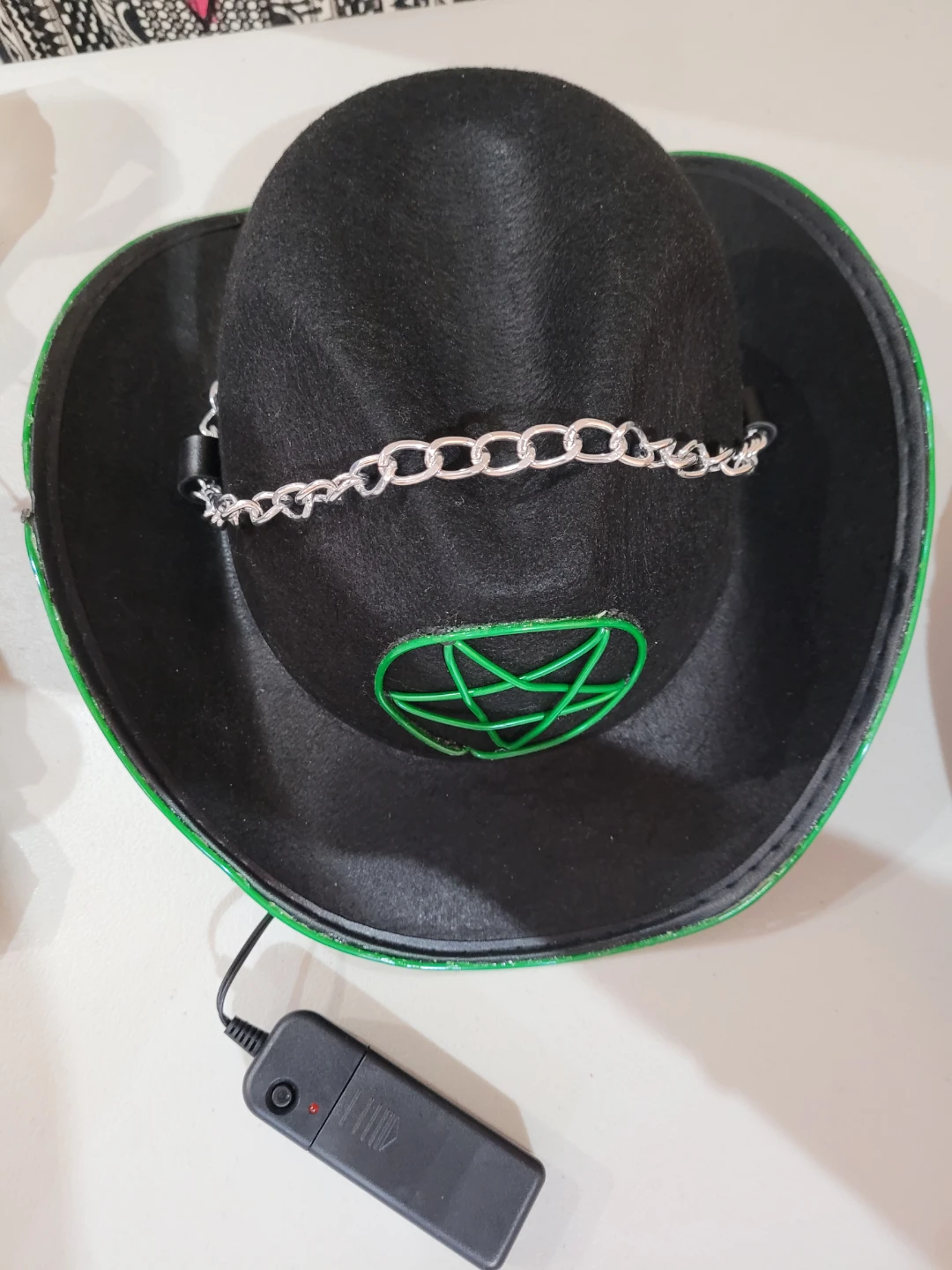 Halloween Light-up Black Cowboy Hat with Green Pentagram