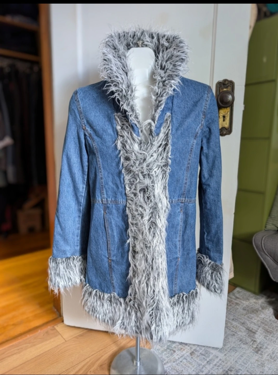 Blue Denim Coat with Grey Faux Fur Trim