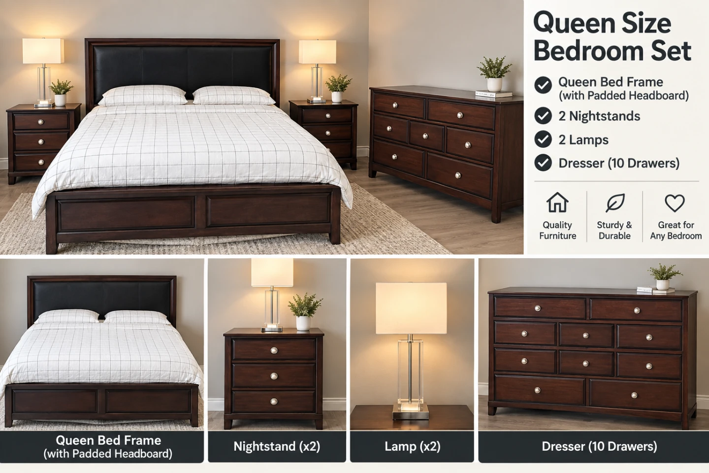 Queen Bedroom Set – 10-Drawer Dresser + Nightstands
