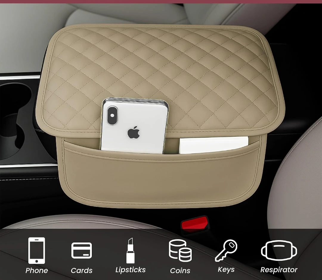Quilted Beige or black Car Armrest Console Pad Cover - photo 3