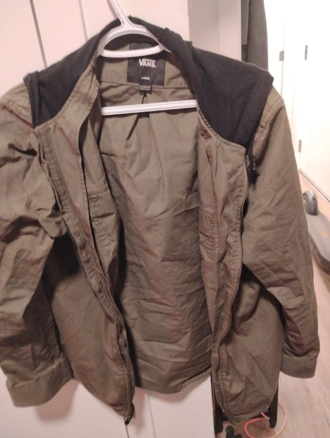 Vans olive green jacket with hoodie, size Large