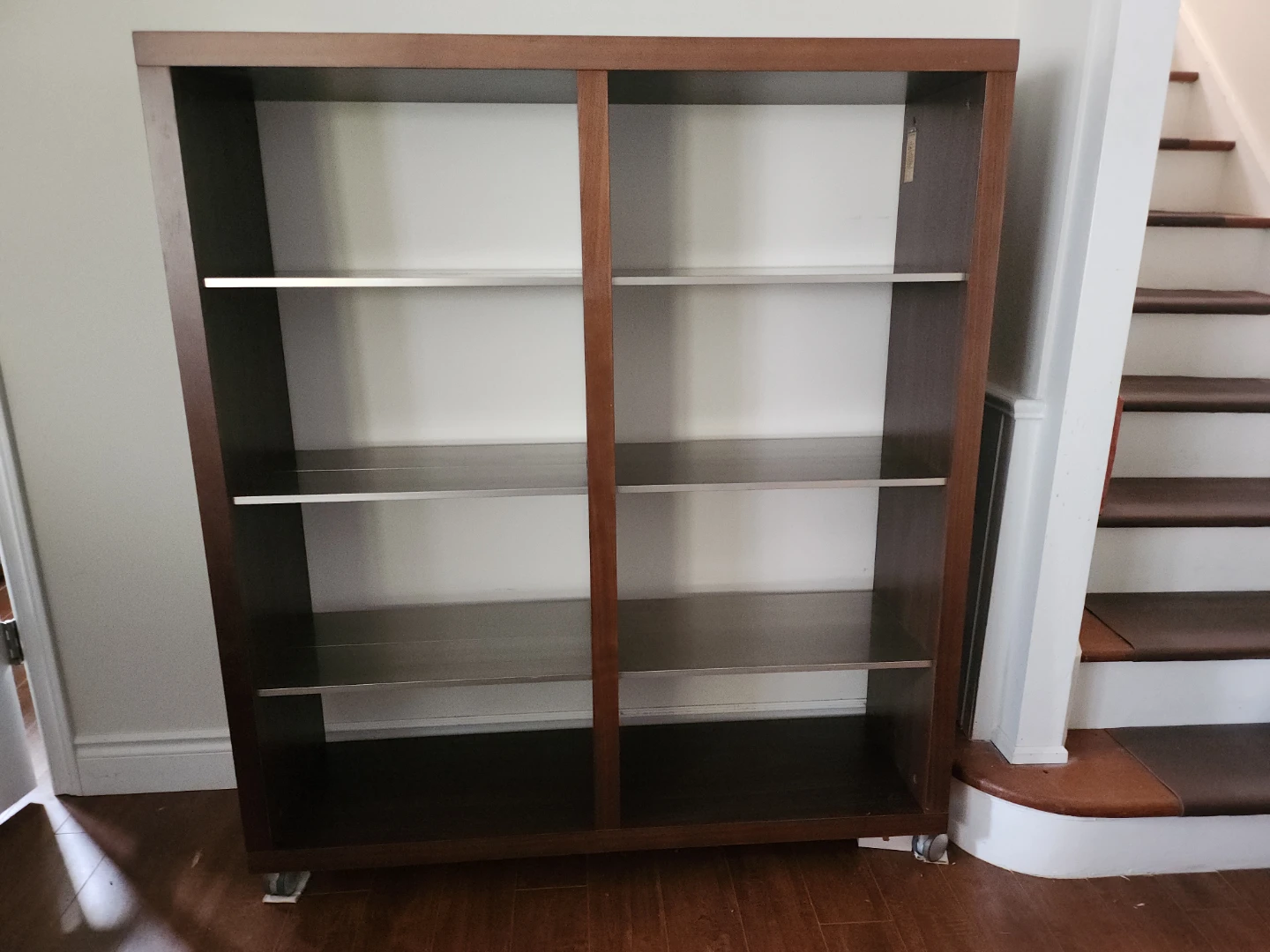 Modern Dark Wood 2-Column Bookcase/Display Shelf with wheels