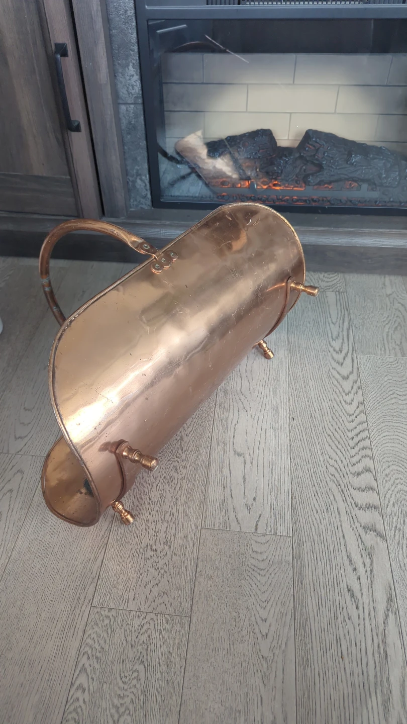 Vintage Copper Fireplace Log Carrier with Brush - photo 3