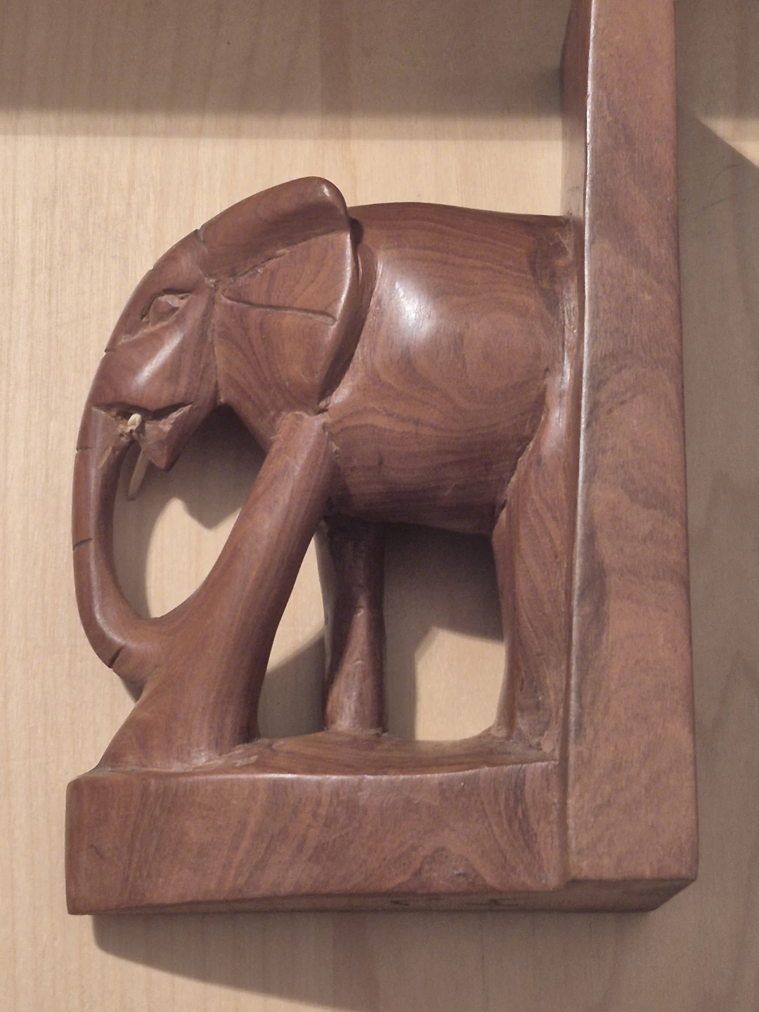 Hand-Carved Wooden Elephant Bookend