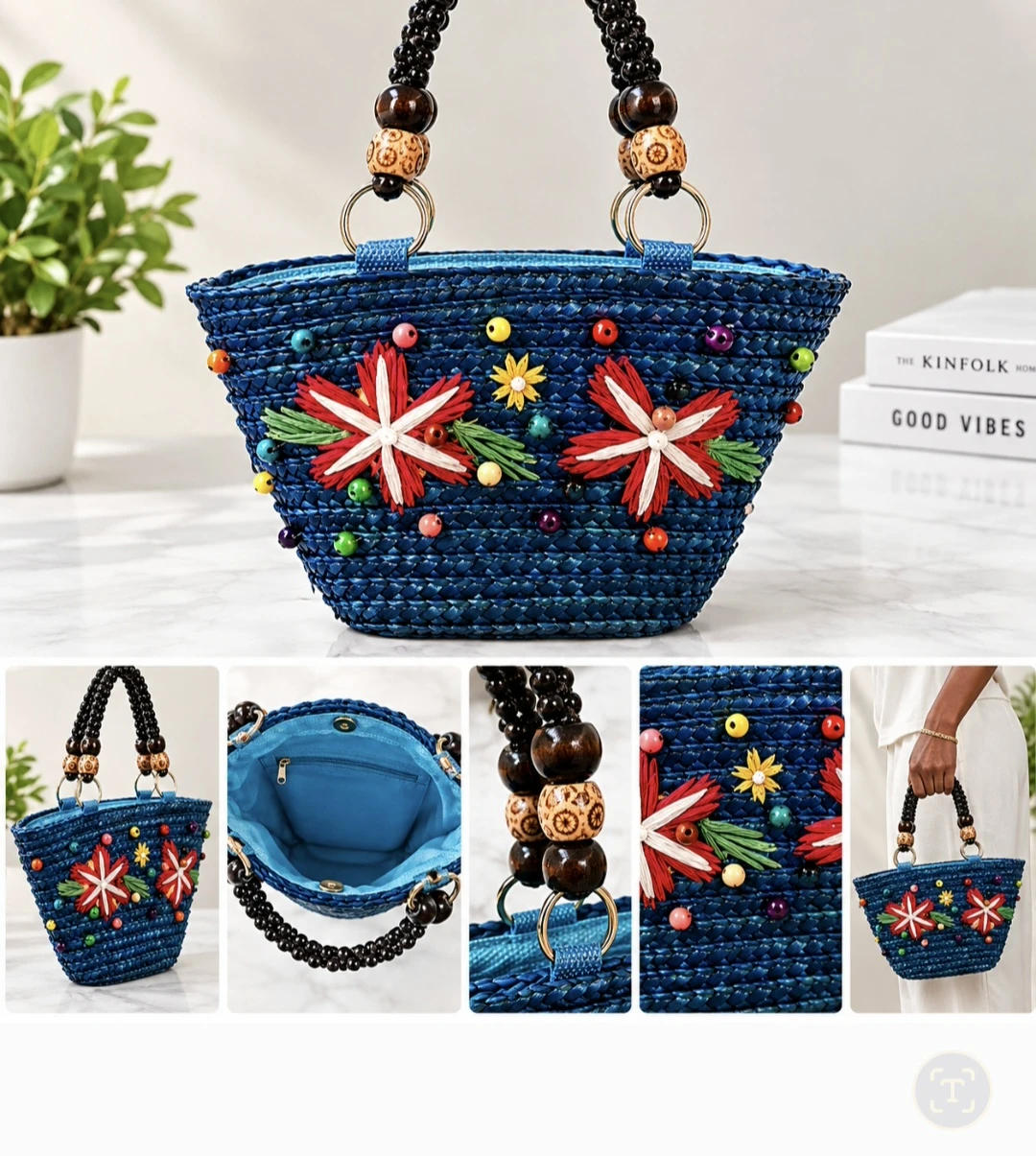Blue Woven Beaded Straw Handbag