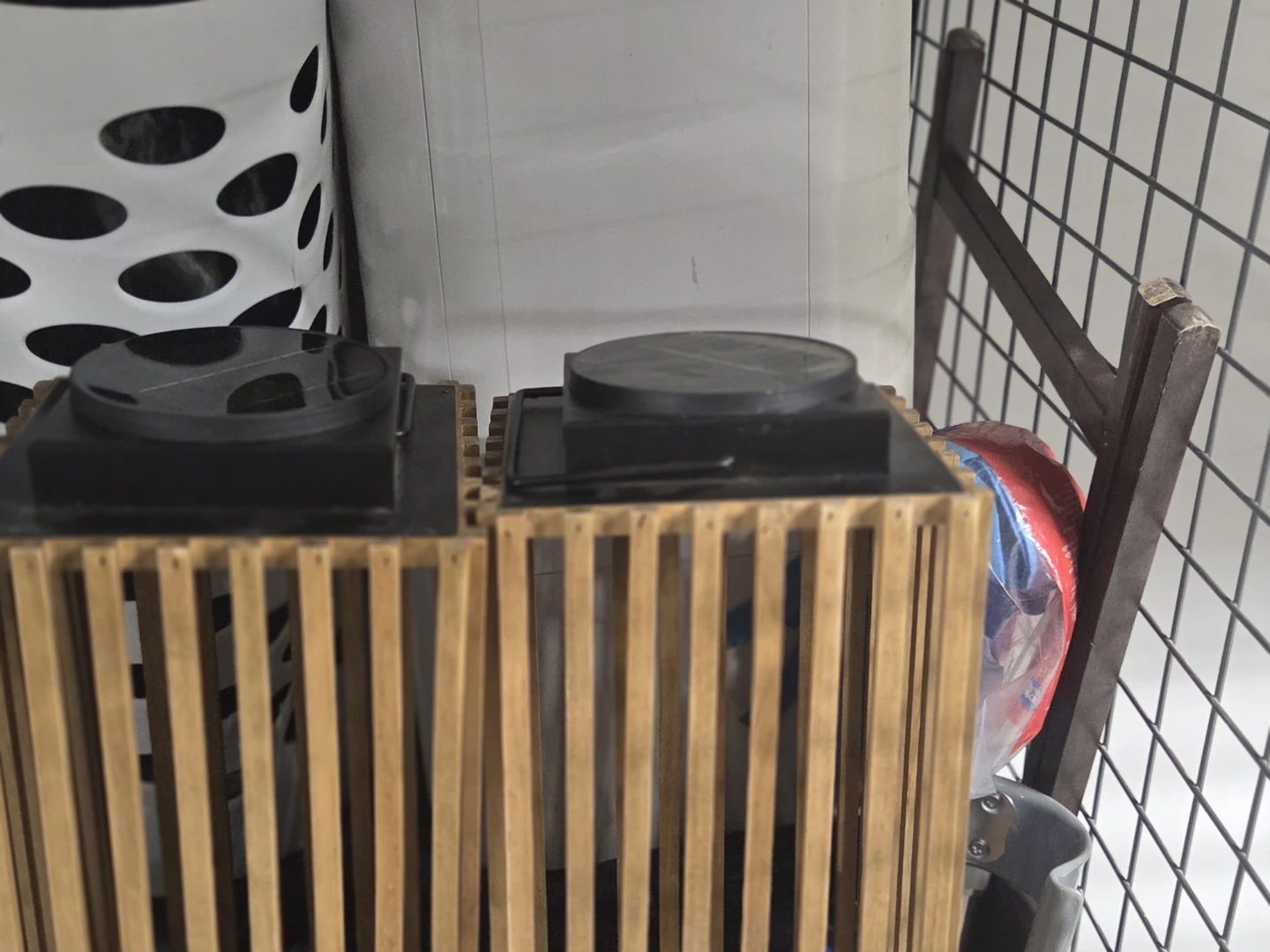 Two Wooden Slatted Outdoor Lanterns