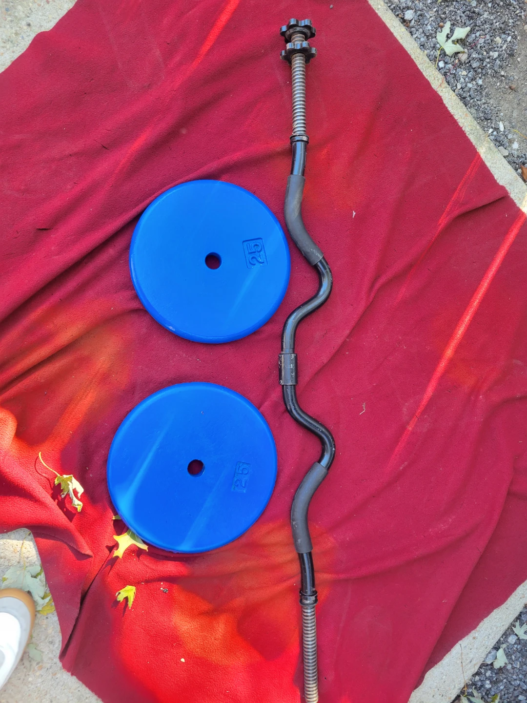 50LBs  1" HOLE.  EZ-CURL BAR 2-25s.