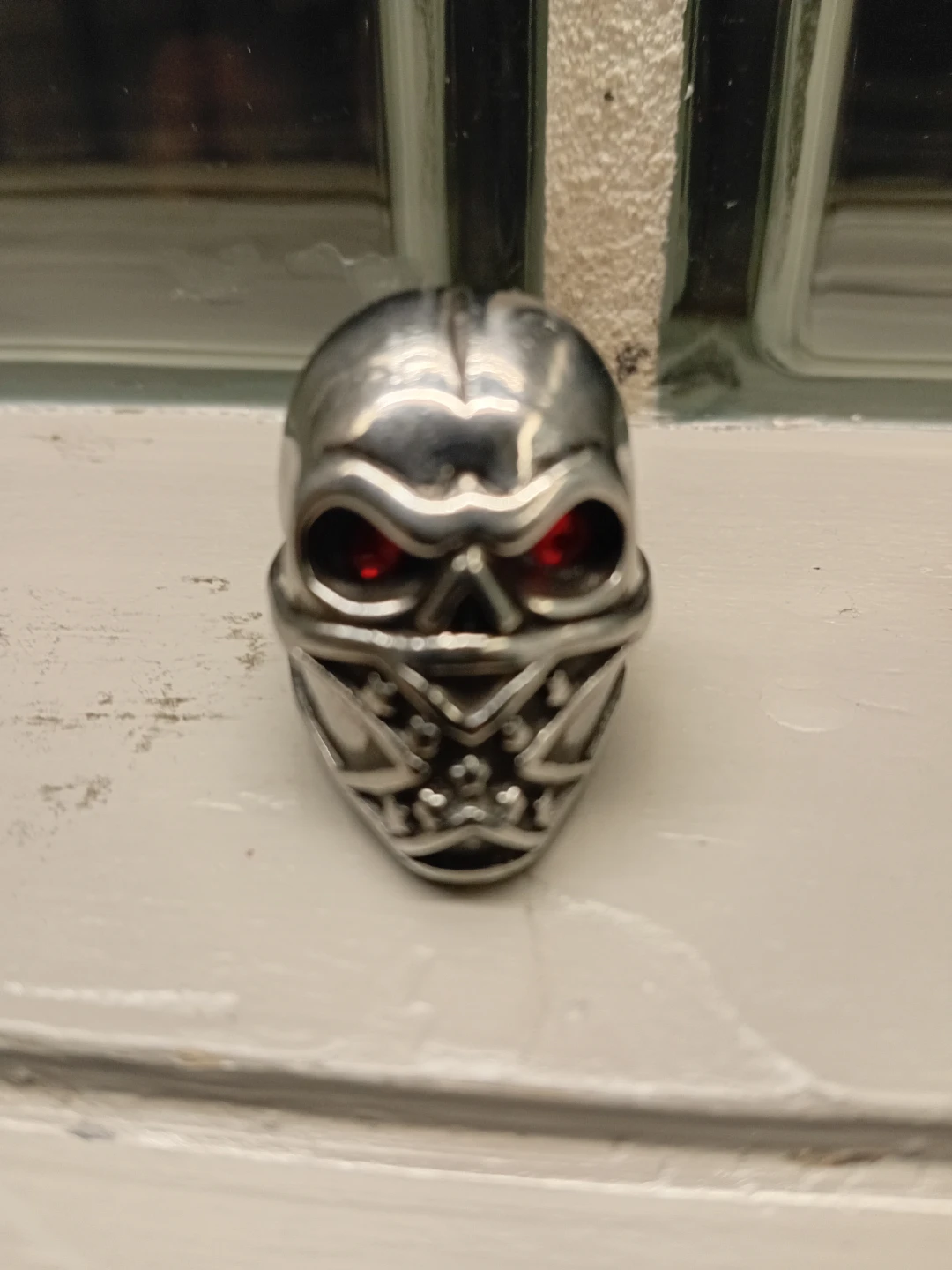 Silver-Tone Skull Ring with Red Eyes
