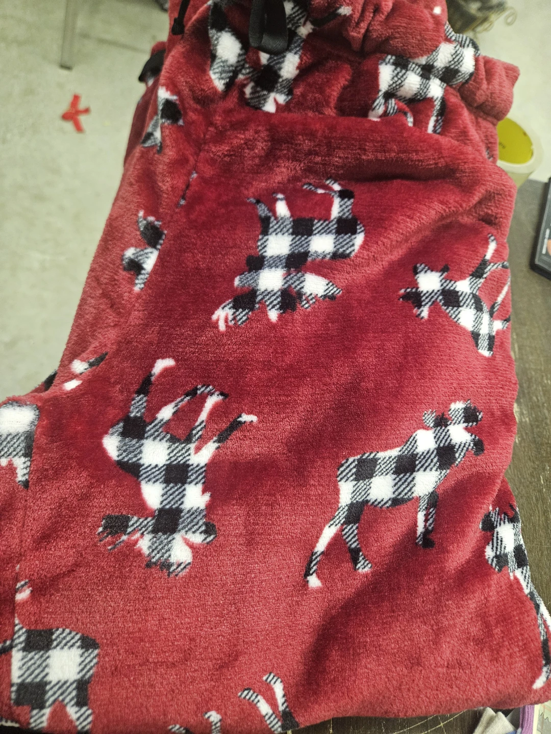 3, Red and Black Plaid Moose Print Plush Lounge Pants