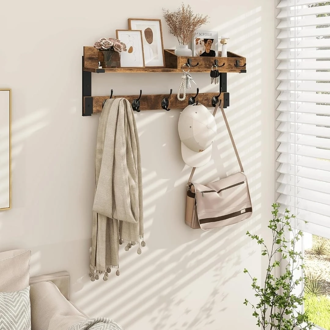 Rustic Wall Shelf with Hooks - photo 5