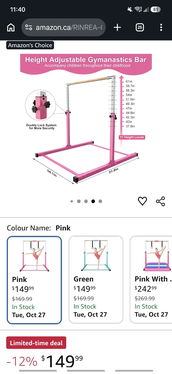 Kids Height Adjustable Gymnastics Bar - Pink - photo 3