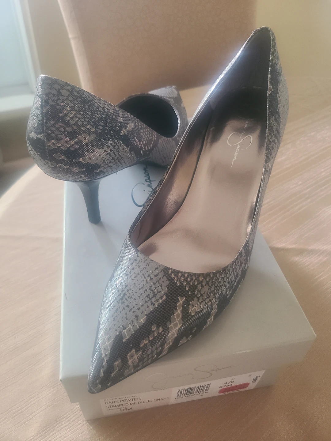 Jessica Simpson Dark Pewter Stamped Metallic Snake Pumps