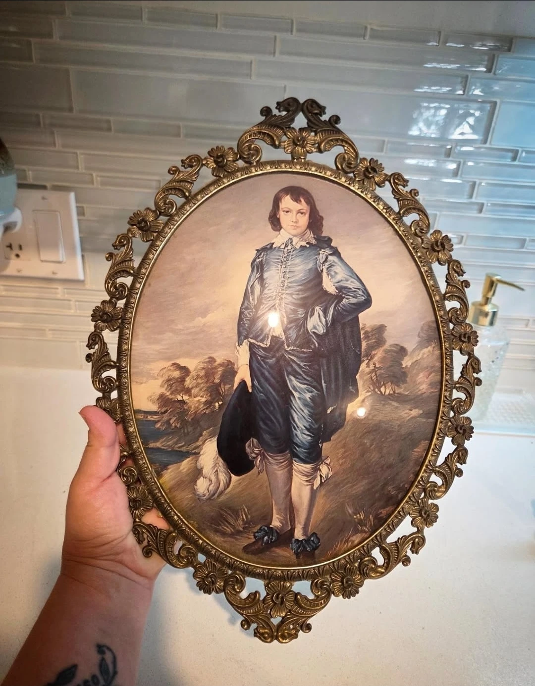 Beautiful vintage blue boy ornate bubble glass frame