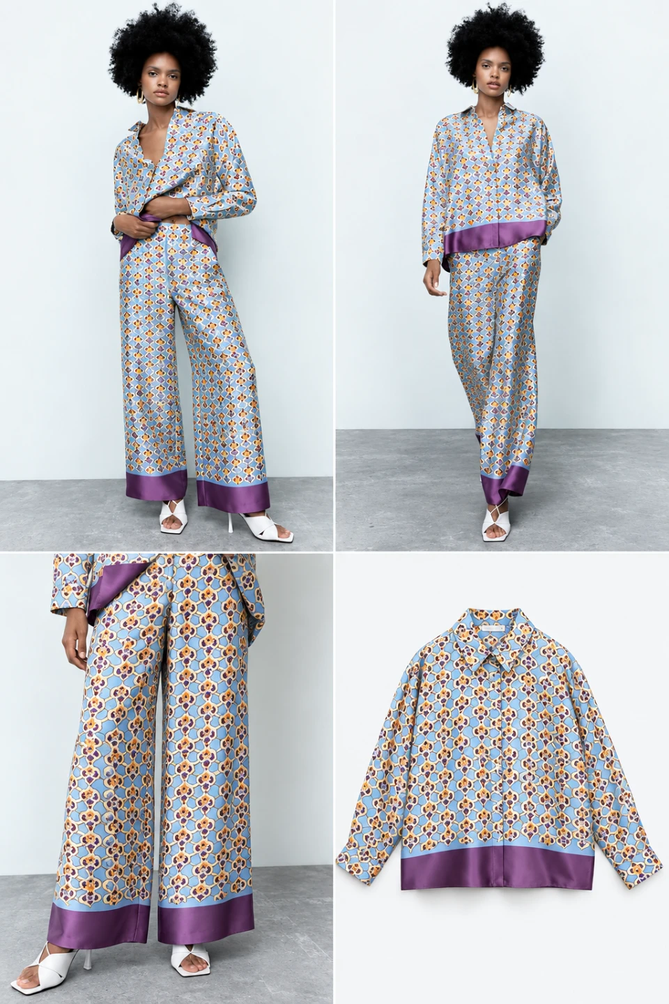 Zara Geometric Print Satin Co-Ord Set – Shirt + Trousers, S