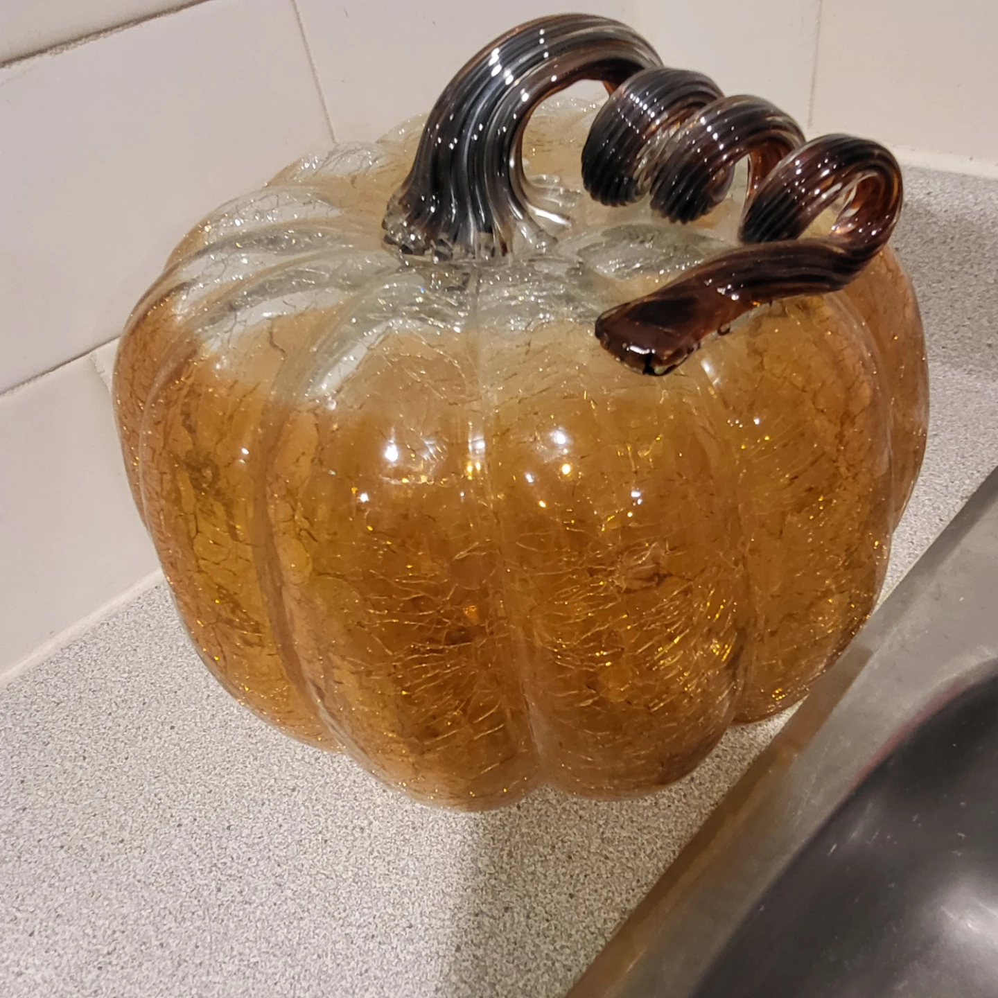Amber Crackle Glass Pumpkin Decor