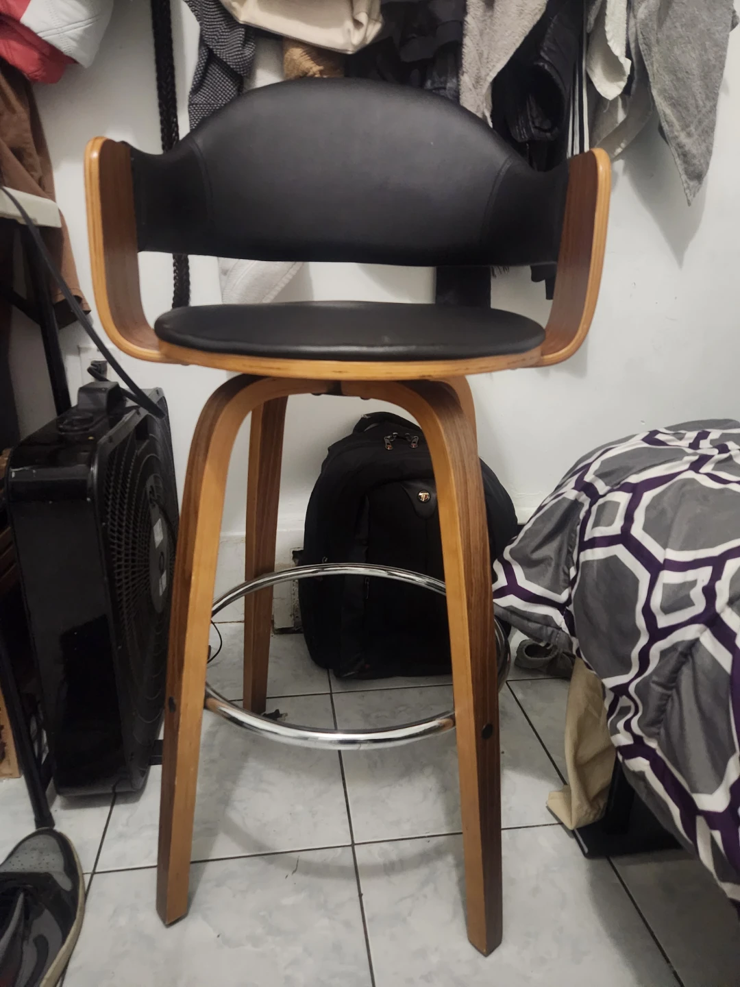 Modern Wood and Black Faux Leather Swivel Bar Stool - photo 2