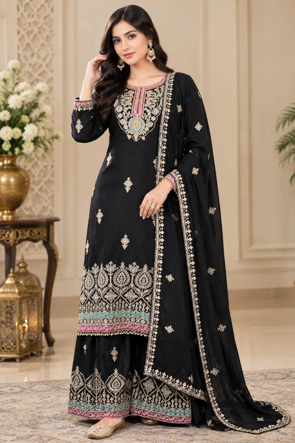 Black Embroidered Three-Piece plazo Salwar Kameez