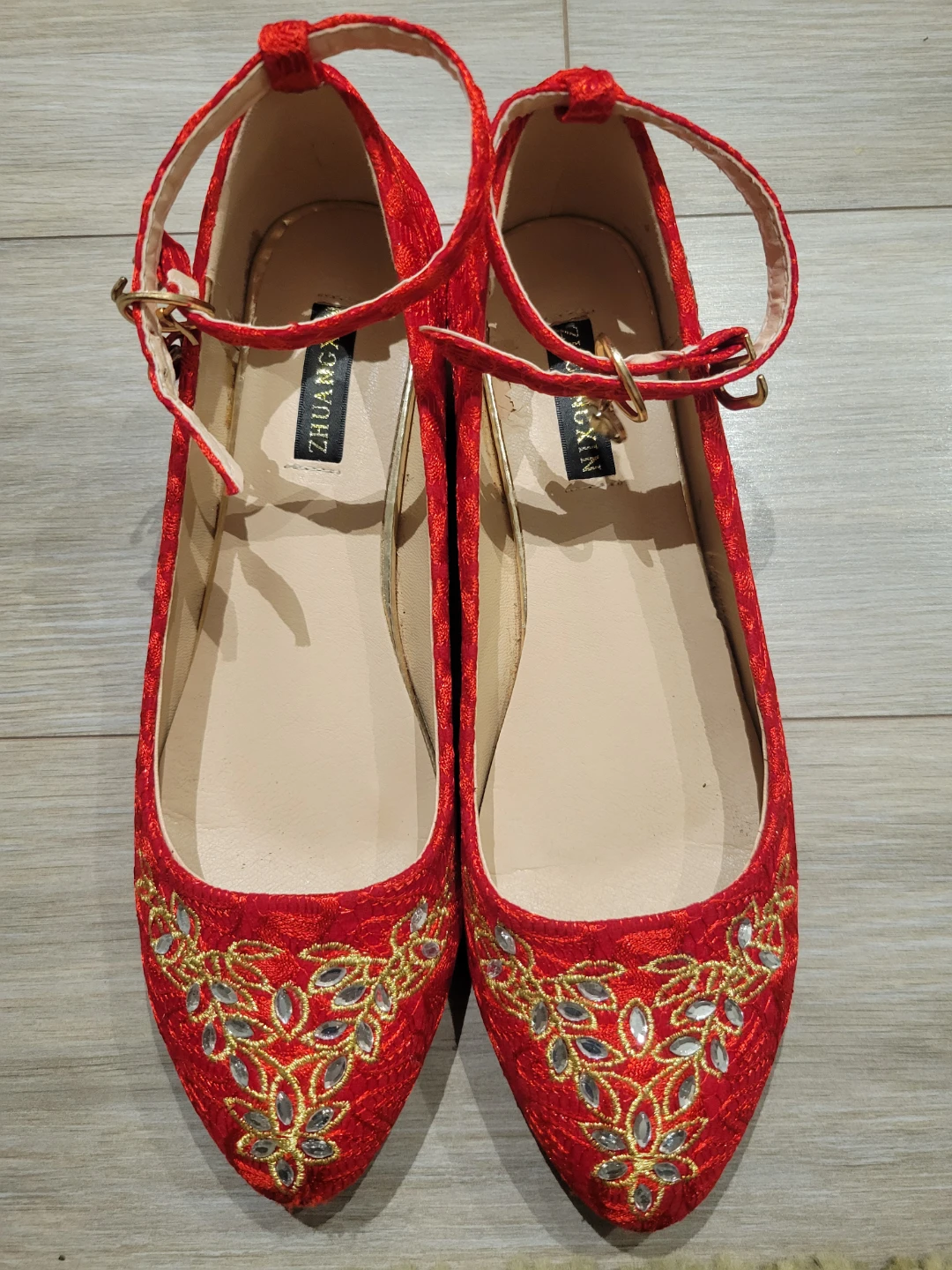 Red Embroidered Ankle Strap Flats