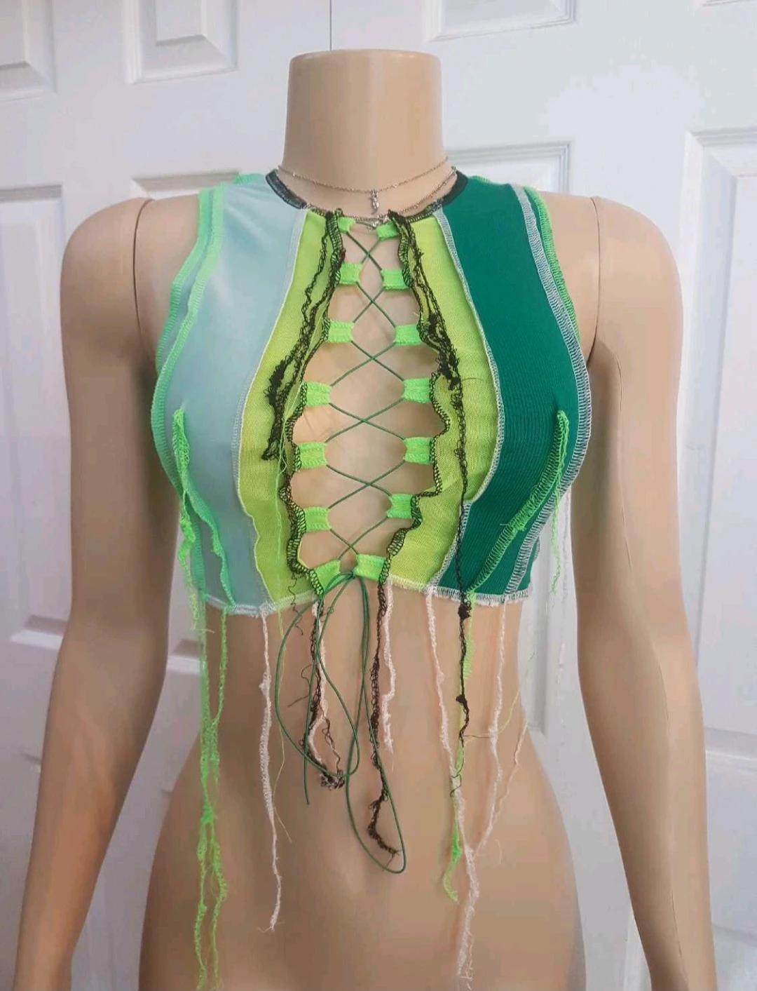 New With Tags! Mesh Lace Up Crop Top - Green and Yellow
