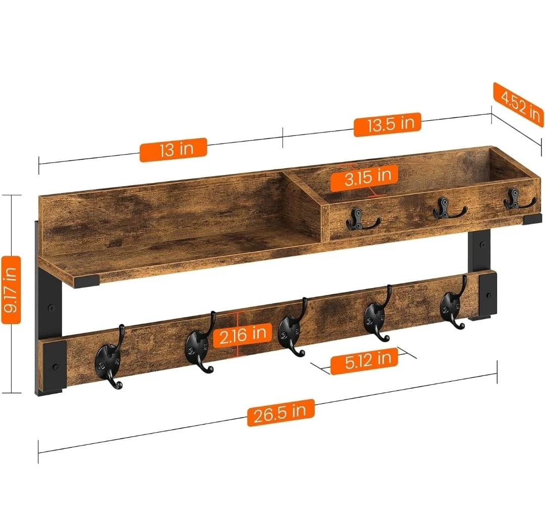 Rustic Wall Shelf with Hooks - photo 2