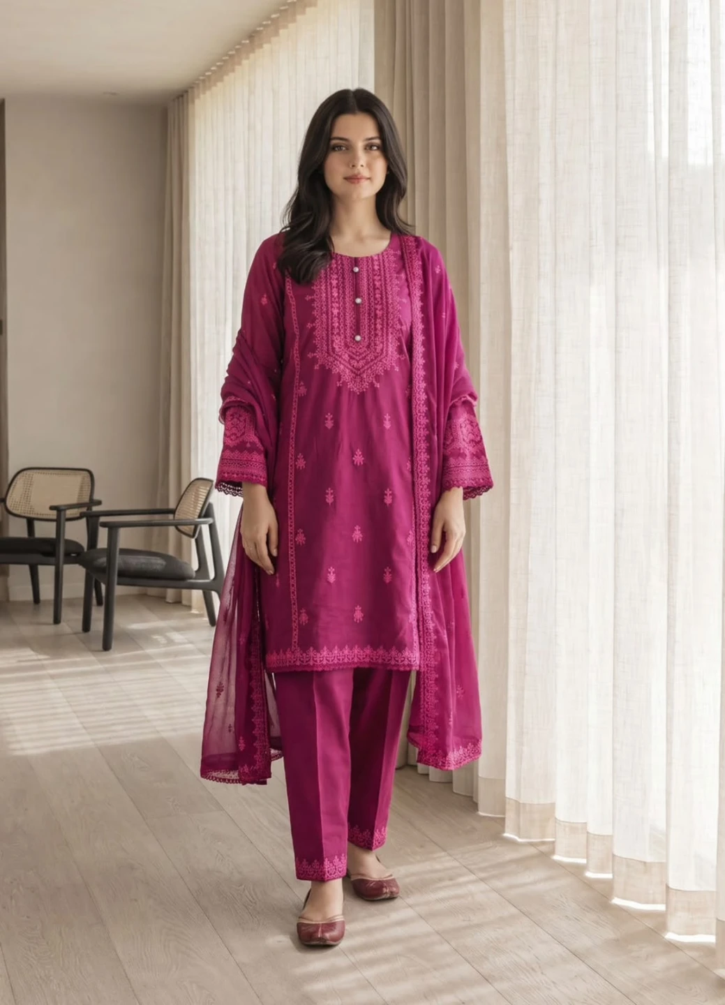 Cotton Margenda Embroidered Three-Piece Suit