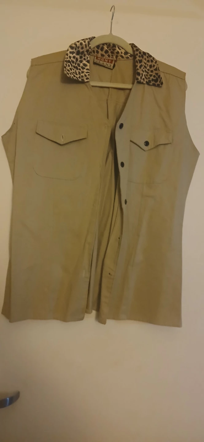 HGNY Jeans Khaki Vest with Leopard Print Collar