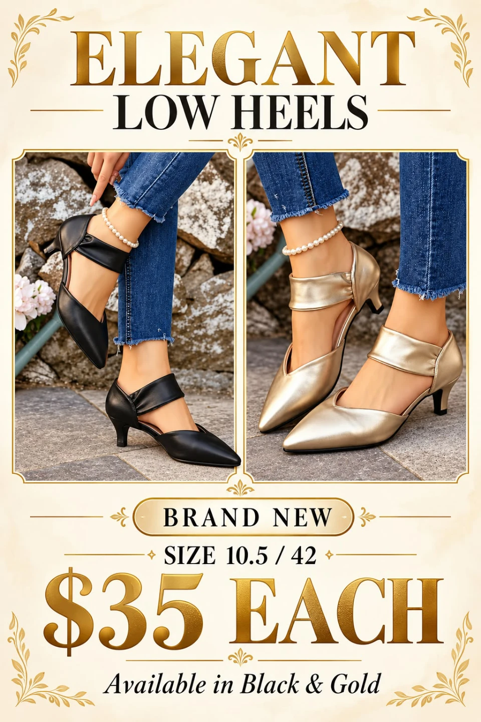 Elegant Low Heels - Black or Gold