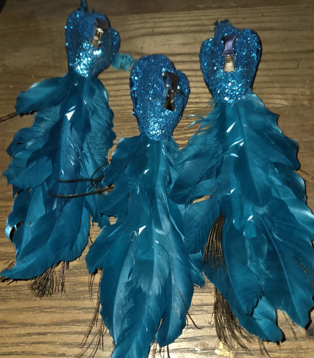 Vintage Set of 4 Blue Glitter Peacock Ornaments - photo 4