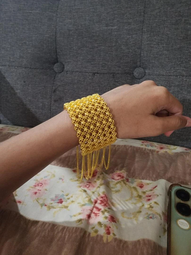 Gold Tone Wide Mesh Bracelet with Dangle Chains