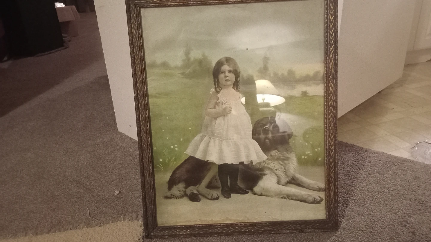 Vintage framed print of girl and dog - photo 2