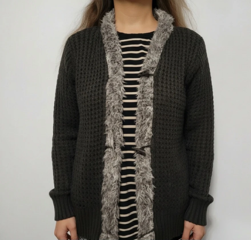 Black knit cardigan with faux fur trim