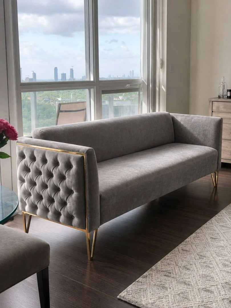 Grey Velvet Sofa with Gold Legs – 3-Seater, Like New