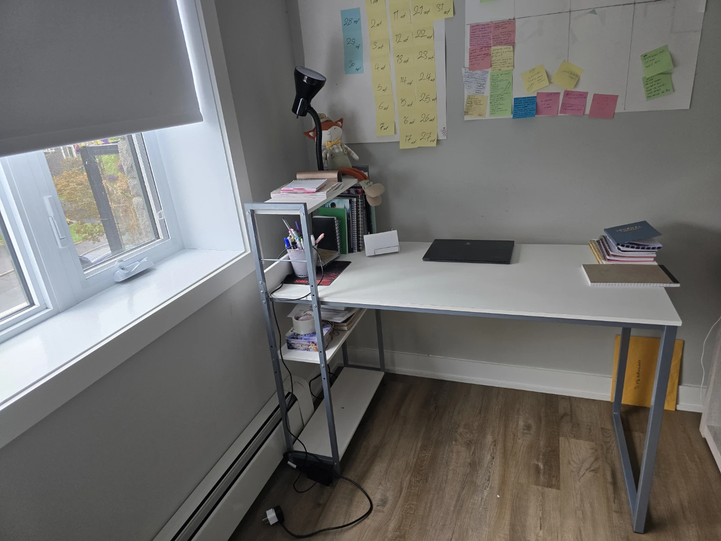 White desk with side storage shelving