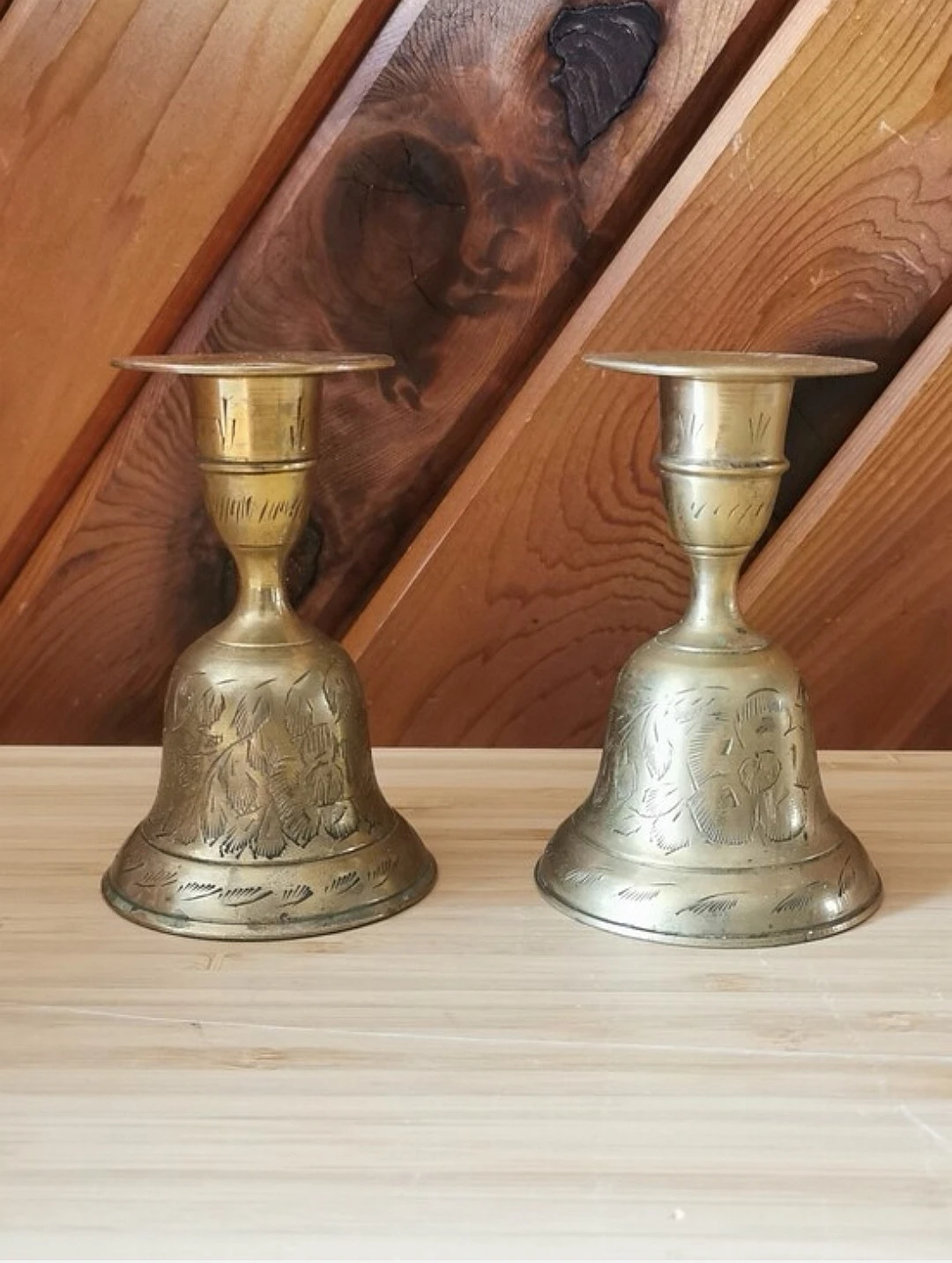 Vintage Brass Bell Candleholders Pair Dual Purpose Candlesticks