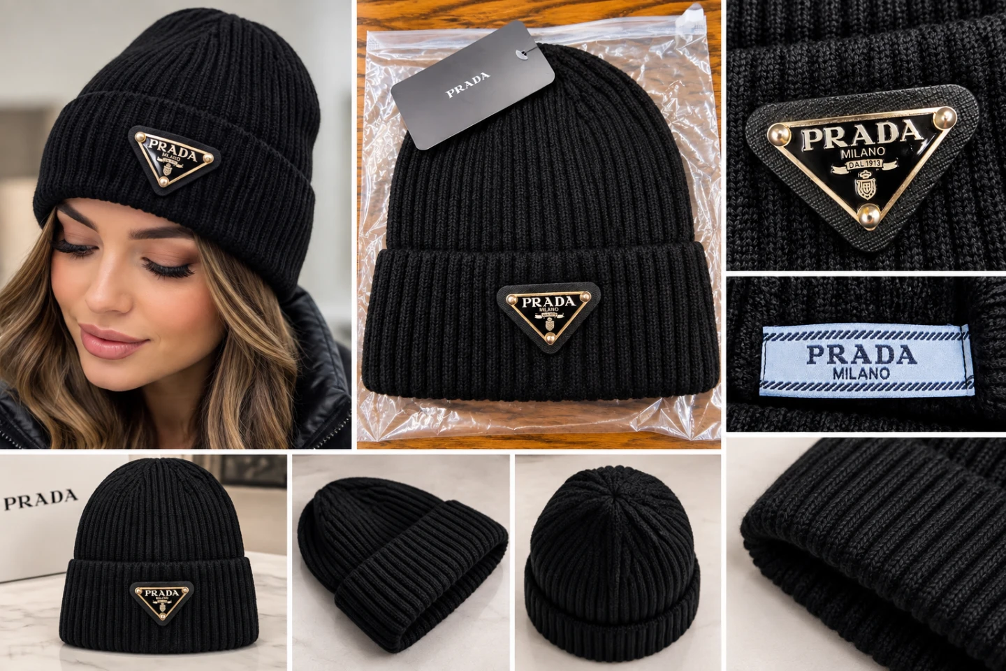Prada Ribbed Knit Beanie Black