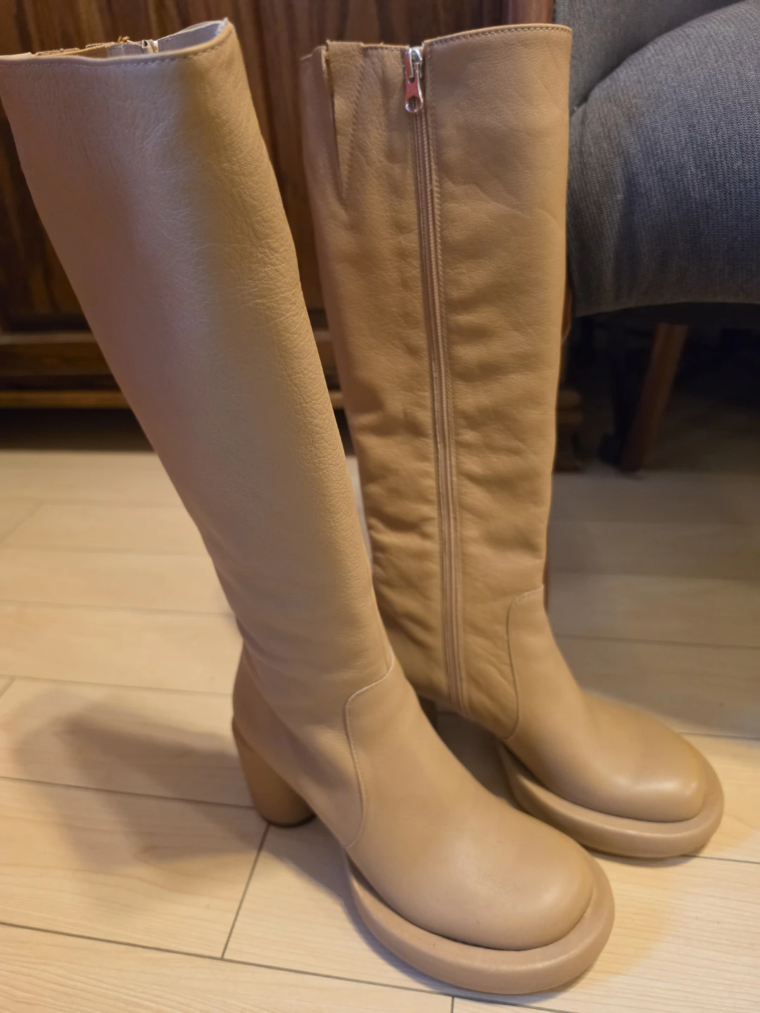 Tan Leather Knee-High Block Heel Boots
