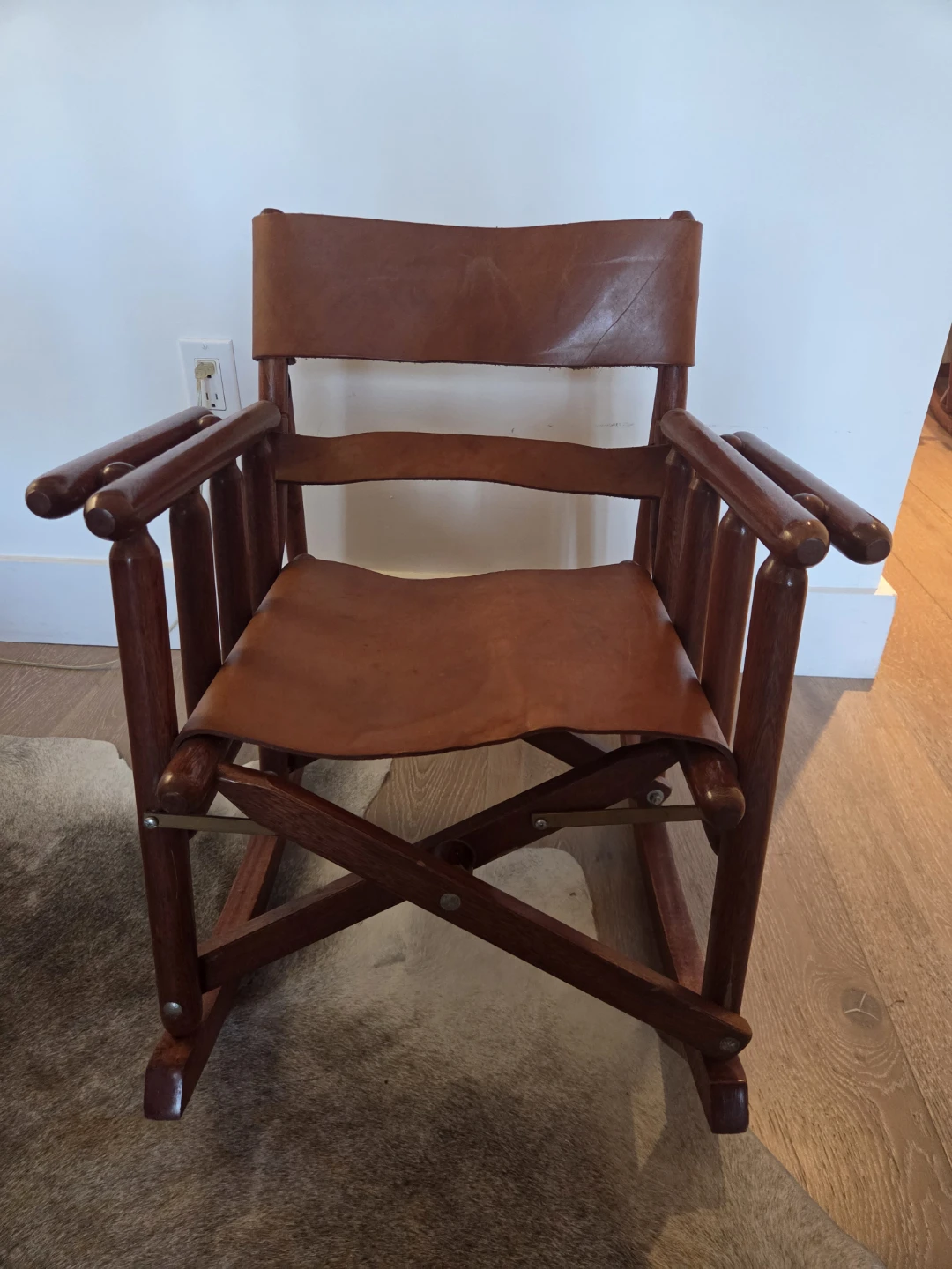Vintage Wooden Leather Folding Rocking Chair - photo 2