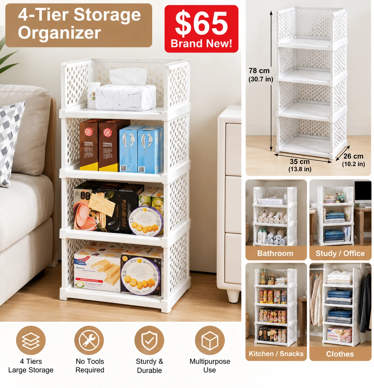 4-Tier White Storage Organizer Shelf
