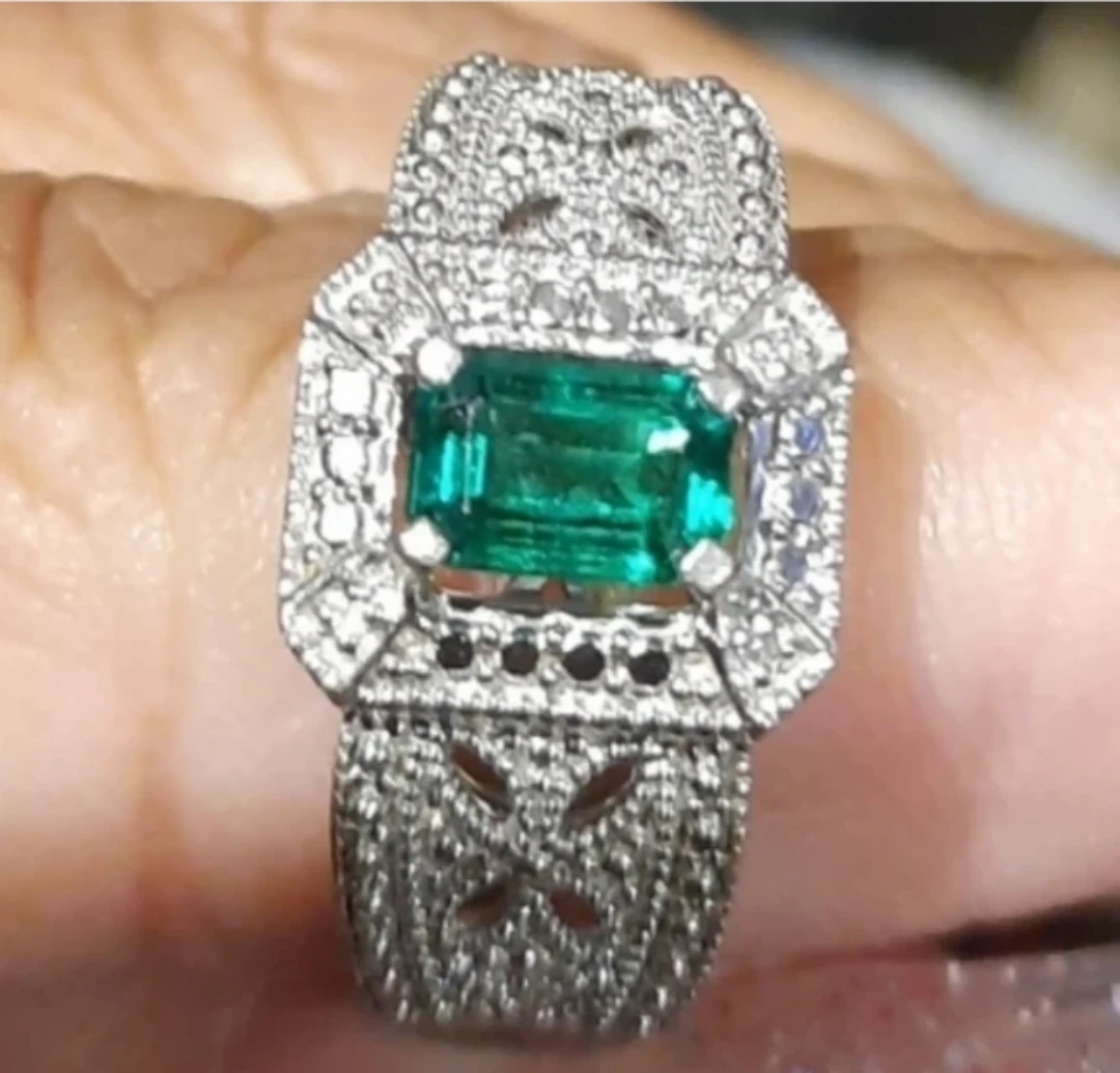 Created Emerald and Diamond Sterling Silver Ring - photo 4