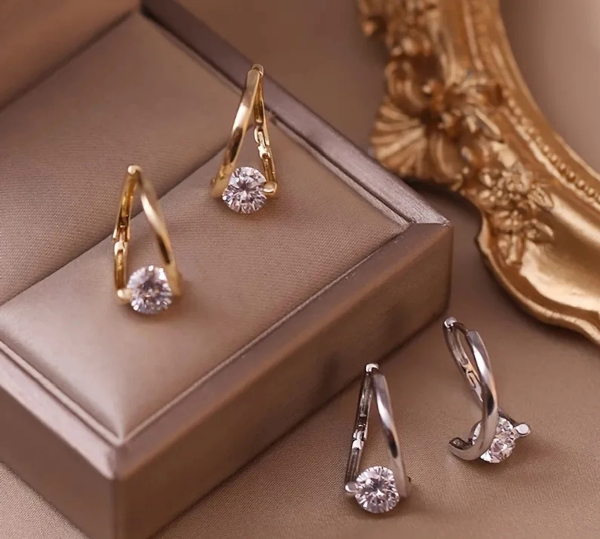 Gold-toned hoop earrings with crystal stones - photo 3